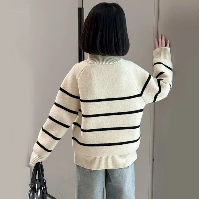Kids New Design Striped Polo Sweater with Half Zipper For Teens Girl Turtleneck Knitwear Children Autumn Knitted Pullover Outfit