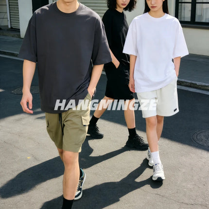 Summer Oversize T-shirts 230GSM Cotton Couple T-Shirt Streetwear Short Sleeves Tee Shirt Solid Color Men Casual Loose Basic Tops