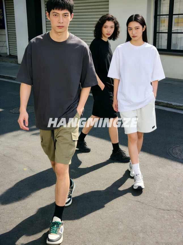 Summer Oversized T-shirts 230GSM Cotton Couple T-Shirt Streetwear Short Sleeves Tee Shirt Solid Color Men Casual Loose Basic Tops