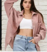 Women's Plus Size Retro Outerwear Collared Shirt Set with Loose Casual Corduroy shirt