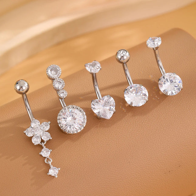 3-5pcs Mixed-Style Sets Heart Flower Dangle Belly Button Rings Stainless Steel Butterfly Curved Zircon Belly Piercing Navel Ring