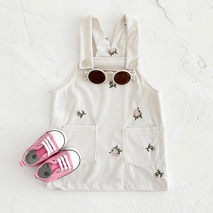 INS Baby Girls Strap Dress Flower Embroidery Heavy Denim Dress Pocket Button Bodysuits Autumn Newborn Baby Clothes 0-3Y