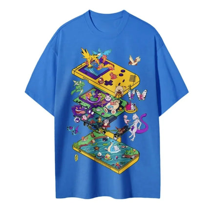 2026 Summer Pokemon Retro Game Console Cartoon Print T-Shirt, 100% Cotton Loose Couple & Family Tee for Travel Game & Sports