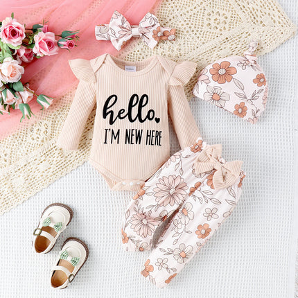 4PCS Autumn New Style Baby From 0 To 6 Months Casual Fashion, Multi-Color Pit Strip Letter Printed Hat Suit + Headscarf Hat