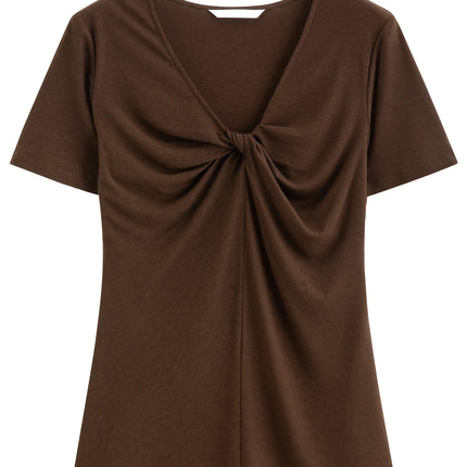 FSLE 2026 Spring Summer Women's Slim Fit V-Neck Short Sleeve Knit Top Mulberry Silk Cupro Blend Shirt for Lightweight Soft Touch