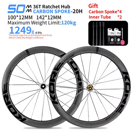 KORE Carbon Spoke Wheelset-50mm-T1000 Carbon Rims 36T/60T Ratchet Hub XDR/HG 700C Design for Ultra-Light Road Racing Performance