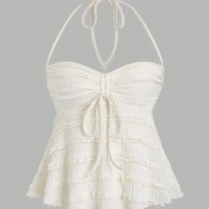 Women's Summer Fashion Casual Apricot Drawstring Neck Knitted Lace Textured Short Halter Neck Lace Up Vest Top