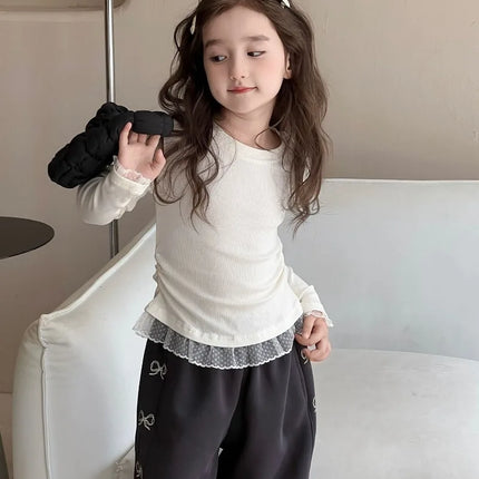 Girls Lace T-shirt 2024 Autumn New Slim Fit Girl Top Children Stylish Versatile High Elasticity Knitted Sweater
