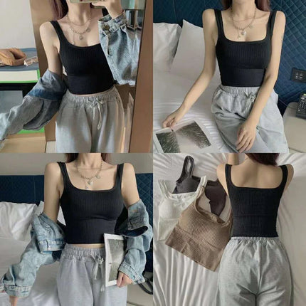 Summer Crop Top Women Seamless Square Collar Wide Straps Tank Top Knitted Striped Camisole Solid Corset Top Female
