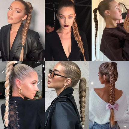 Boxing Braids Ponytail Extensions Synthetic Wrap Around Ponytail With Rubber Band Hair Ring DIY 26 Inch Ombre Black Brown Grey