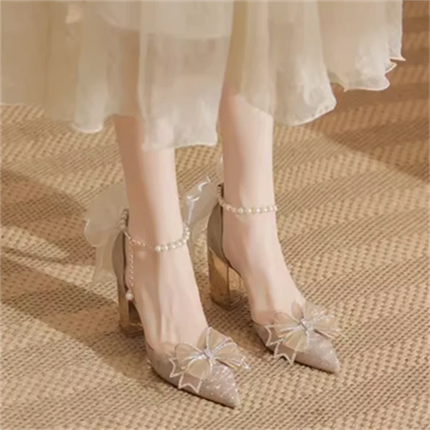 Spring Pointed Toe Party Wedding Shoes for Women, Bride Bow Thick Heel Silver Sequin Fairy Lolita Style Single Shoes