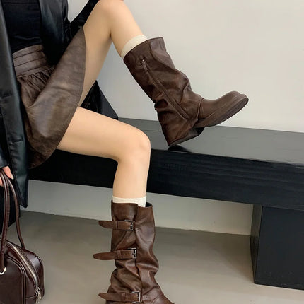 Autumn Winter Vintage Woman Knight Knee High Boots Shoes Ladies Elegant Thick Low Heel Belt Buckle Western Cowboy Botas
