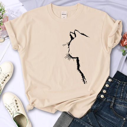 Simple Strokes Of Cat Funny Printed Women T-Shirt Fashion Casual Short Sleeve O-Neck Personality Street Tee Clothing Summer Tops