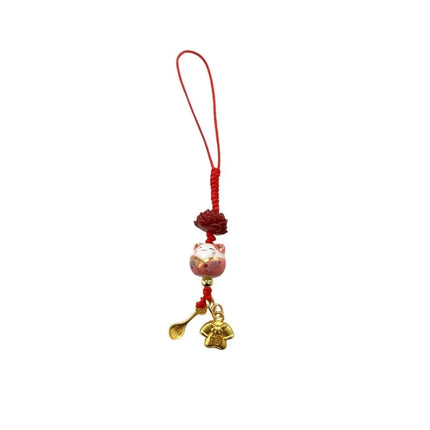 Sweet Cartoon Maneki Neko Key Chain Ceramic Ornament Lucky Cat Phone Charm Fortune Phone Lanyard Lucky Cat Phone Strap Girls