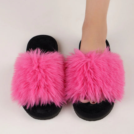 Women's Plush Faux Fur Slippers Winter House Carpet Fluffy Sandals Spring Autumn Outdoor Walking Open Toe Flip Flops