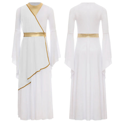 Girls Halloween Ancient Greek Princess Cosplay Costume Roman Toga Dress Long Sleeve Church Choir Robe Overlay Tunic Dress