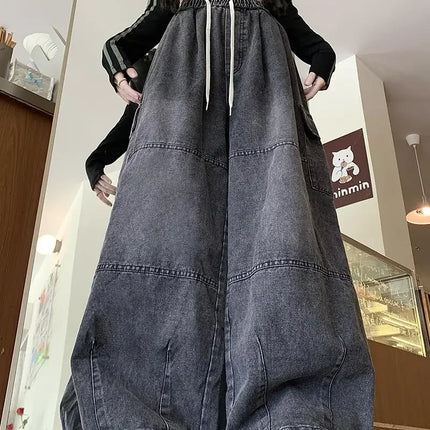 Cargo Jean Loose Wide Leg Workwear Jeans Elastic Waist Men and Women Spring Autumn Faion Brand Waed Out Trousers Straight Cut