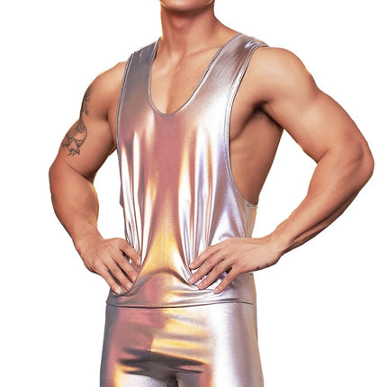 Black Gold Silver Men Metallic Faux Leather Tank Tops Sleeveless Short Jumpsuit Sexy Tight Bodysuit Fitness Wrestling Shapewear
