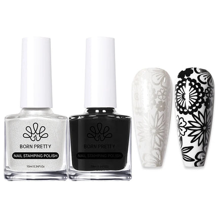 BORN PRETTY 2Pcs/Set 10ML Black White Nail Stamping Polish Varnish Gold Silver for Nail Art Plates Stamp Oil Stamping Series
