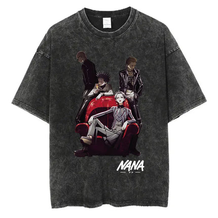 Japanese Anime Nana Osaki Print Vintage Washed T-shirt Harajuku Streetwear Graphic T-Shirt Summer Short Sleeve Cotton T-shirt