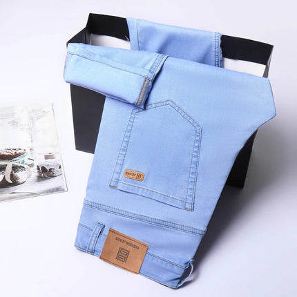 2026 Summer New Men's Sky Blue Slim Stretch Jeans Lyocell Thin Style Fashion Casual Ice silk Denim Pants Male Brand Trousers