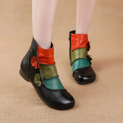 WOIZGIC Mother Women's Genuine Leather Boots Female Ankle Shoes Zipper Ethnic Style Autumn Plush Fur Warm Flower