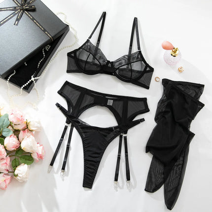 Luxury Dark Style 4Pcs Women's Lingerie Set Push-up Underwire Bra Garter Belt Thong Panty Stocking Erotic Intimate Outfits