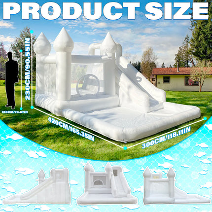 14FT  Spire‑Top Inflatable White bounce house with Slide, Large Ball Pit and Middle Play Zone, Durable and Portable for party