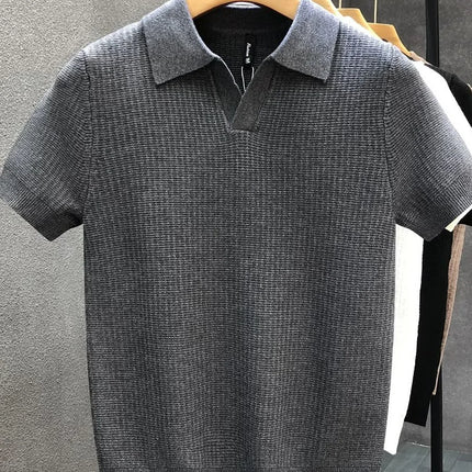 Men's Polo Neck Short Sleeve Knitted Sweater Slim Fit Summer Fashion Turn-down Collar Base Shirt Casual Style Pure Color