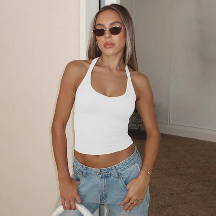 Hugcitar 2025 Summer Ribbed Halter Backless Solid Sexy Crop Tank Top Casual Y2K Women Clothes Beach Vacation Streetwear Yoga