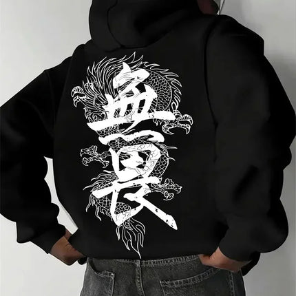 Japanese-style Harajuku Dragon Print Men Women Hoodies Outdoor Street Sporty Casual Fitness Loose Autumn Winter Sweatshirt Top