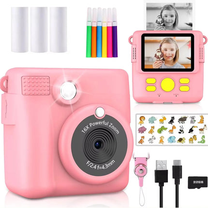 Portable Instant Print Camera for Kids - 1080P HD Video Camera with 3 Rolls Photo Paper and 32GB Card, Perfect Toy for Toddlers