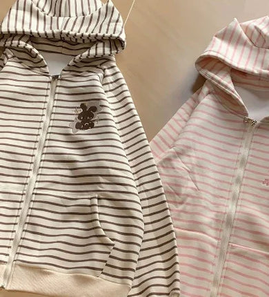 Spring New Vintage Stripe Hoodies Cute Girl Y2K Zip Up Hoodie Coat Versatile Retro Age Reducing Sweatshirt Kawaii Clothes Korean