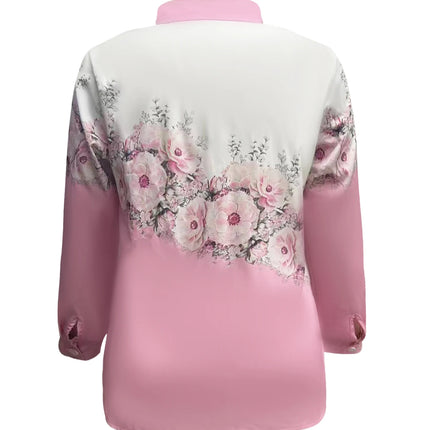 2025 Plus Size European And American Spring And Autumn Aomen's Color-Block Printed Long-Sleeved Lapel Button Shirt