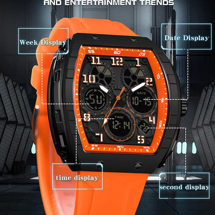 Men Sports Digital Wrist Watches For Male Clock Dual Display Man Tonneau Watches Chronograph Luminous Silicone Band Dropship