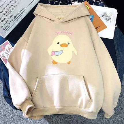 Don‘t Mess Duck Holding Knife Kawaii Cartoon Print Woman Hoodies Sweatshirts Harajuku Female Long Sleeve Casual Streetwear