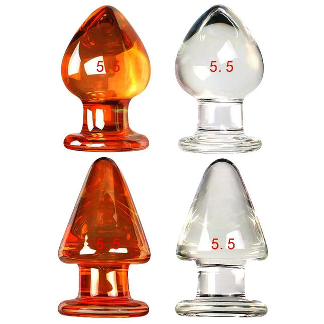 VaHppy Glass Anal Plugs Large 5.5cm Transparent/Golden SM BDSM Adult Sex Toys Unisex Lesbian Gay Anal Masturbator Stimulation