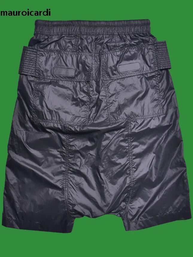 Mauroicardi Spring Summer Thin Black Waterproof Nylon Shorts for Men Elastic Waist Drawstring Knee Length Harem Pants Clothes
