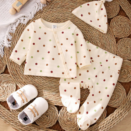 Baby Polka Dot Three-Piece Set 0-12 Months Old Newborn Spring and Autumn Soft Cotton Button-Up Top + Footed Pants + Hat Infant Fresh Polka Dot Cute Loungewear Set