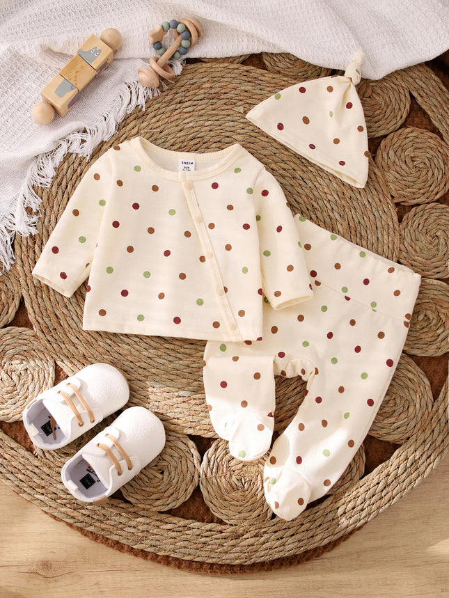Baby Polka Dot Three-Piece Set 0-12 Months Old Newborn Spring and Autumn Soft Cotton Button-Up Top + Footed Pants + Hat Infant Fresh Polka Dot Cute Loungewear Set