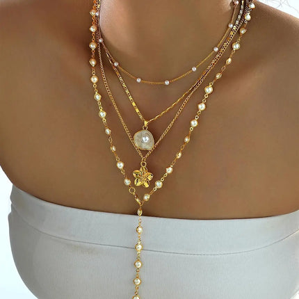 European and American Personalized New Flower Pendant Pearl Stacked Necklace Fashionable Retro French Long Sweater Chain