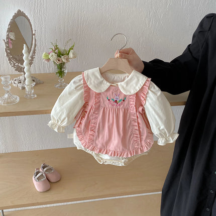 Baby triangle one-piece suit, autumn outfit, sweet farting coat, rabbit vest set, baby girl 100-day celebration crawling suit