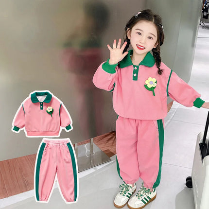 Spring Set Children's Sportswear Suit Girls Flower Top Pants 2 Piece Autumn Lapel Long Sleeve Sweatshirt Outfit Kids Clothing