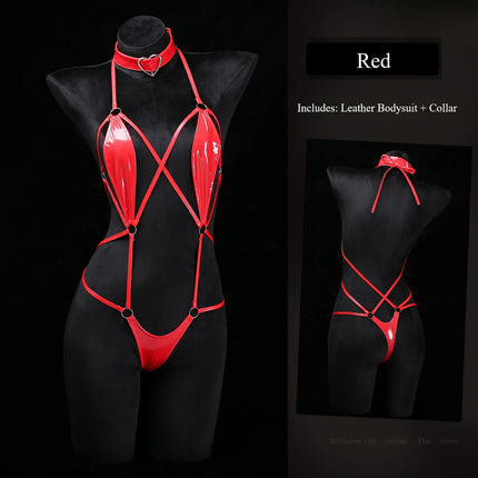 QQ Black Patent Leather Choker Wet Sexy Lingerie Bodysuits Erotic Crotchless Leather Jumpsuit Underwear Costumes Lingerie Set