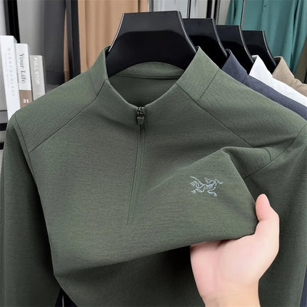 Luxury Brand Men's Long-Sleeved T-Shirt Mock Neck Half-Zip Letter Embroidery Personality Retro Spring Tops Trend Hot Men's Clothing