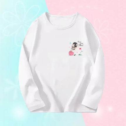 Pink Flower Heart Print Girls T-Shirt Casual White Tops Spring Long Sleeve Kids T-Shirt Kawaii Love Print Tops