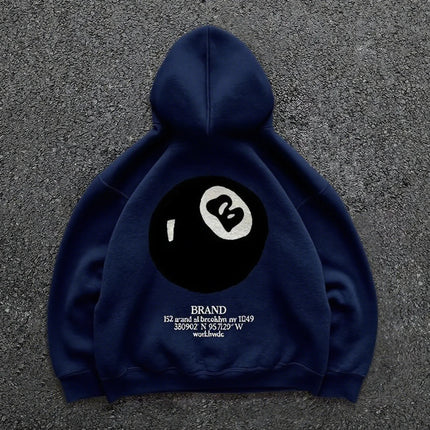Retro 8-ball pattern hooded men's streetwear,oversized pullover, casual and fashionable sportswear, daily wear and hip-hop style