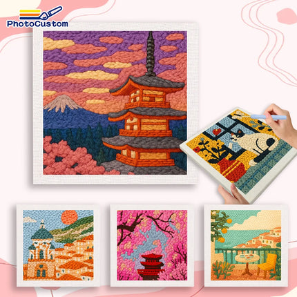 PhotoCustom Building Punch Needle Kit Painting Decor Embroidery Starter Kit Landscape Monks Cloth For Punch Needle Kits Embroide