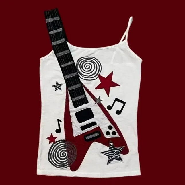 Summer newY2k Punk Rock Trend Visual Design Musical Note Printed Camisole Vintage Fashion Hip Hop Personality Slim Emo Girl Top