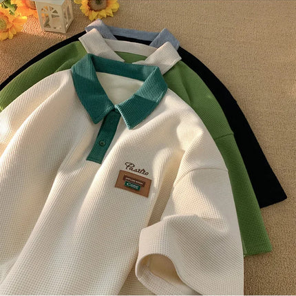Men's Summer Style American Vintage Polo Shirt Versatile Cotton Half Sleeve T-shirt Loose Fit Casual Clothing